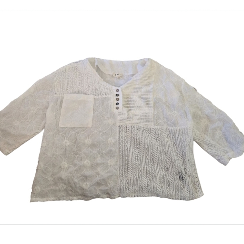 POL Lightweight White Patchwork Knit Top Womens S… - image 1